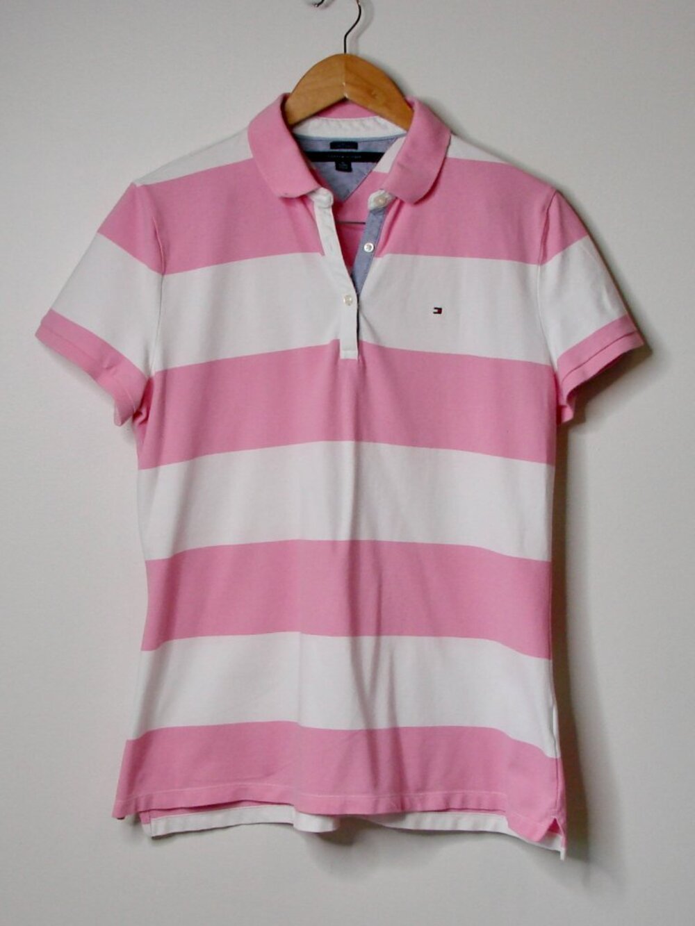 Tommy Hilfiger Pink White Striped Polo Shirt Short Sleeve Golf Athletic Size XL